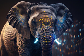Naklejka na ściany i meble Close up shot of an elephant with neon lights on a dark background. Generative AI