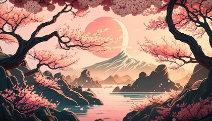 Warm Toned Japanese Style Illustration of Sakura Cherry Blossom Trees with Mountain in the Horizon