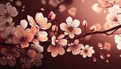 Close Up Detailed Illustration of Japanese Sakura Cherry Blossom Branch