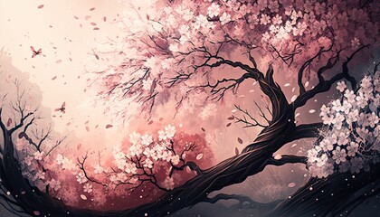 Dramatic Japanese Style Sakura Cherry Blossom Illustration Wallpaper