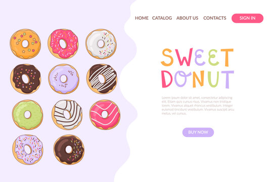One page web design template with assortment of bakery or cafe donuts. Place for text. Vector.