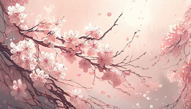 Japanese Style Illustrated Sakura Cherry Blossom Branch Wallpaper