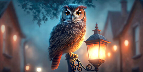 Owl sitting on an old street lamp at dusk. A diffuse city backdrop in the background. Generative AI