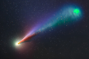 Obraz na płótnie Canvas Comet with a bright coma head with a green tail in the depths of space among the stars. Generative AI