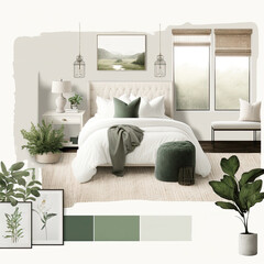 a cozy and minimalist farmhouse design master bedroom decor featuring muted boho decor with muted neutral tones and shades of green AI Generative