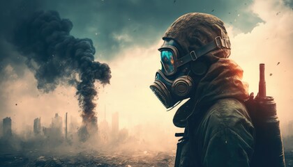 Man in gas mask surviving post-apocalyptic world with decaying urban background, dystopian wasteland, hazardous environment, survival, protection, urban decay. Generative ai illustration