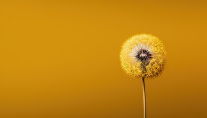  a dandelion flower on a yellow background with a black center in the middle of the dandelion, with a yellow background.