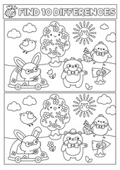 Easter black and white kawaii find differences game for children. Attention skills line activity with cute bunny and chick going on egg hunt. Spring holiday puzzle or coloring page for kids.