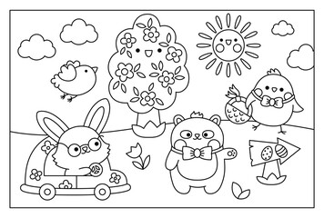 Vector black and white kawaii Easter scene with bunny on a car and chick with basket. Spring cartoon line illustration. Cute holiday egg hunt coloring page for kids with tree, bird, panda bear.