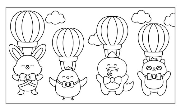 Vector black and white kawaii Easter scene with animals flying on hot air balloons in the sky. Spring line cartoon illustration. Cute scenery or coloring page for kids with bunny, chick, crocodile