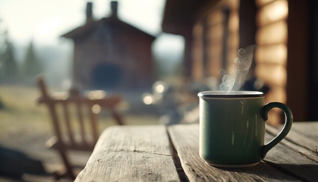  a cup of coffee sitting on top of a wooden table next to a rocking chair and a house in the background on a sunny day.