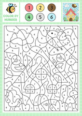 Vector garden or farm color by number activity with cute kawaii country house. Spring holiday scene. Black and white counting game with funny cottage, bird. Easter coloring page for kids.