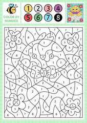 Vector Easter color by number activity with cute kawaii chicken in egg. Spring holiday scene. Black and white counting game with funny hatching chick. Garden coloring page for kids.