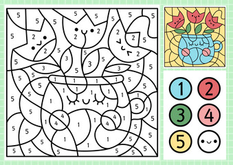 Vector spring garden color by number activity with cute vase with tulips. Easter scene. Black and white counting game with funny flowers in cup. Coloring page for kids.