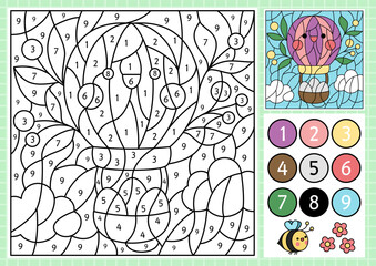 Vector Easter color by number activity with cute kawaii hot air balloon with eggs. Spring holiday scene. Black and white counting game with funny character. Garden coloring page for kids.