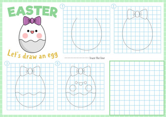 Easter step by step drawing worksheet. How to draw an egg. Complete the picture by example activity. Vector spring holiday writing practice worksheet. Printable garden coloring page.