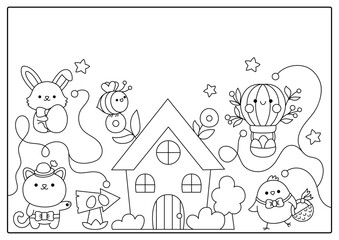 Vector black and white kawaii Easter background with cute bunny, chick, country house. Funny spring holiday card or activity book cover with traditional characters. Cartoon garden coloring page.