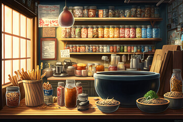 Fototapeta premium Ramen: Tonkotsu, Miso, Veggie, Korean, Cup Noodles - Visit Ramen San, Ichiran, Japan, Jinya, Menya Enjoy Delicious Ramen Broth, White Background, Bowl, Chopsticks Nudle, Pasta, Beef, USA and Europe