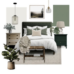 a cozy and minimalist farmhouse design master bedroom decor featuring muted boho decor with muted neutral tones and shades of green AI Generative