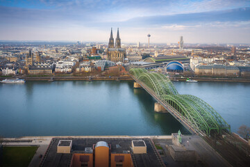 Cologne aerial view with Cathedral and Hohenzollern Bridge - Cologne, Germany - obrazy, fototapety, plakaty