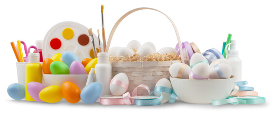 Happy Easter decorations, basket eggs with light pastel colored bright ribbons and colors of painting, isolated on transparent background, gift greeting card or advertising promo shopping sale banner.
