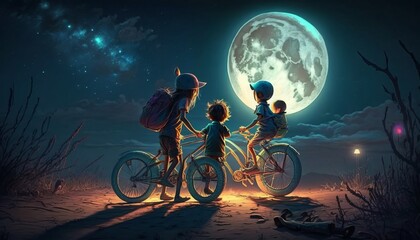 Fototapeta na wymiar Kids riding bicycles. Childhood friendship. Generative AI.