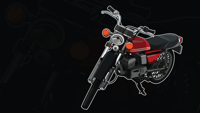 Classic Motorcycle Bike Vector, Realistic Illustration. Red Motorbike Half-Face with Many Details on a Black Background.