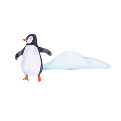 Penguin and snow watercolor illustration isolated on white background. Northern sea element. Hand and drawn clipart for stickers, baby shower, cards, clothes, fabrics.