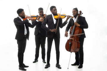 Studio portrait of a string quartet on a white background. African americans