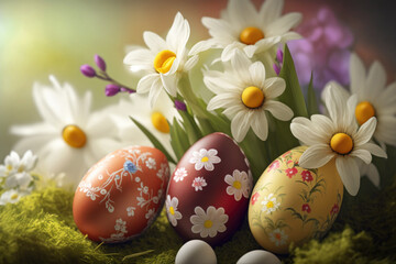 Obraz na płótnie Canvas Easter composition made with easter eggs and flower decor. Created with Generative AI technology.