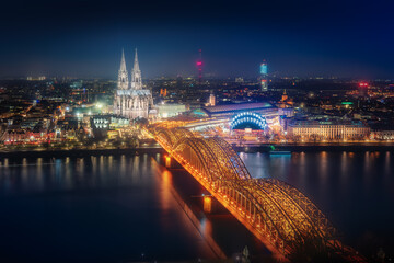 Cologne aerial view at night with Cathedral and Hohenzollern Bridge - Cologne, Germany
