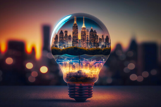 Electrification Of The City Concept With Light Bulb With The City Inside. Created With Generative AI Technology.