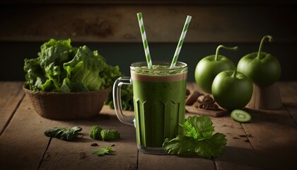  a green smoothie in a glass with two straws and some green vegetables in the background on a wooden table with a basket of green apples.