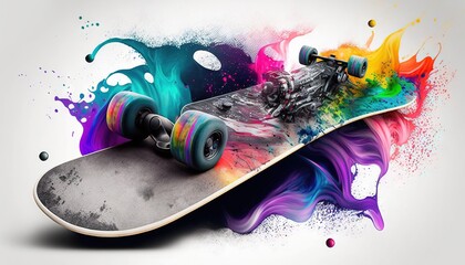  a skateboard with colorful paint splattered on it's side and wheels on the bottom of the board, with a white background.