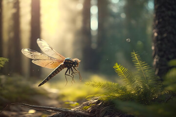 Dragonfly flies in the forest lit by the sun. Generative AI