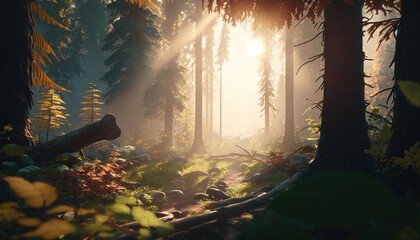  a forest scene with sunlight coming through the trees and a log in the foreground, with a trail in the foreground, and a trail in the foreground.