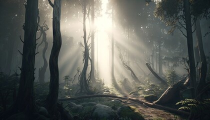  a path through a forest filled with lots of trees and rocks in the sunbeams of a foggy forest with sunbeams.