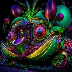 Mardi Gras Float, an elaborate and colorful float often seen in Mardi Gras parades. Generative Ai