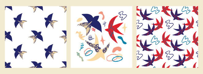 A set of vector patterns with abstract bright elements, stars and birds in the Matisse style