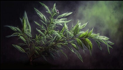  a painting of a plant with green leaves on a black background with a green light behind it and a black background with a green light behind it.