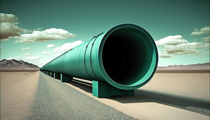  a large green pipe sitting on the side of a road next to a mountain range in the distance with clouds in the sky behind it.