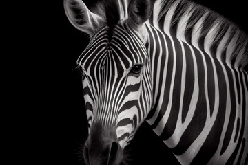 Fototapeta na wymiar Schwarz weiß Portrait von einem Zebra. Perfektes afrikanisches Wandbild - Generative Ai