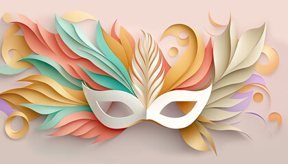 Obraz premium Venetian carnival mask with colorful feathers, origami style Generative AI illustration