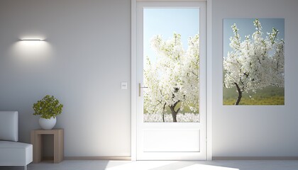  a white room with a white door and a picture of a flowering tree on the wall next to a white chair and a vase with a green plant in it.