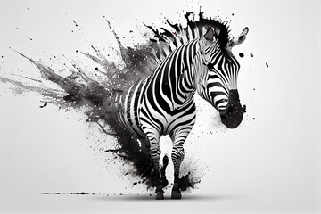 Fototapeta na wymiar Abstraktes schwarz weißes Zebra Kunstwerk mit Farbspritzer isoliert auf weißen Hintergrund. Perfektes Wandbild - Generative Ai