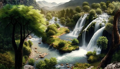  a painting of a waterfall in the middle of a forest with a river running between it and mountains in the distance with trees on either side of it.