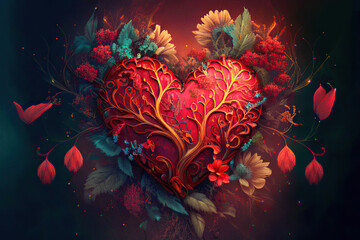 Beautiful ornate fantasy red heart with flowers, dark red background, love, valentine, illustration, Generative AI