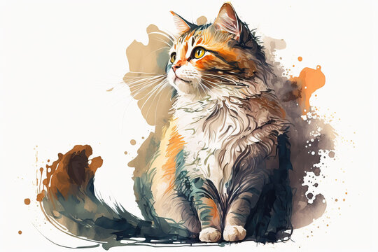 cartoon of a cute cat in style of aquarelle, ai generated