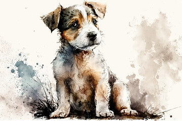 cartoon of a cute dog in style of aquarelle, ai generated