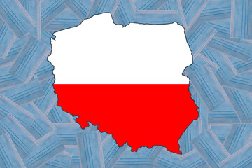 The flag of Poland in the form of a geographical map of Poland against the background of randomly placed blue medical masks